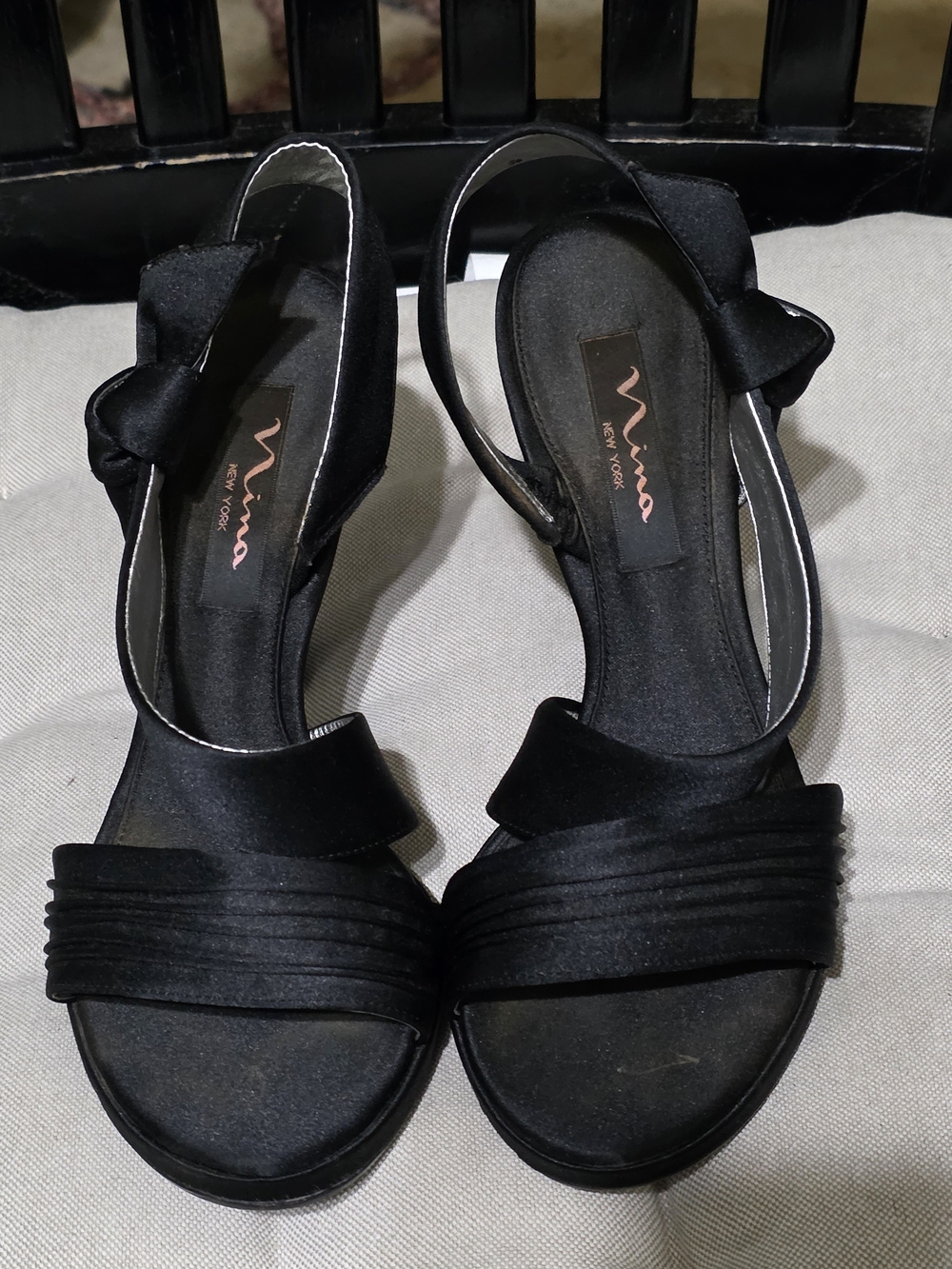 Nina Black Satin Strappy Sandals Porry Dress Heel Size 6.5